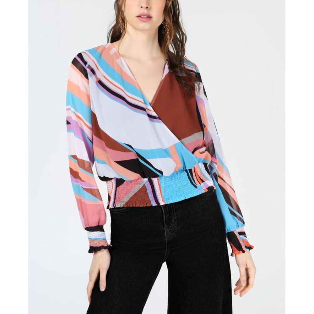 Bar III Printed Smocked Waist Surplice Top